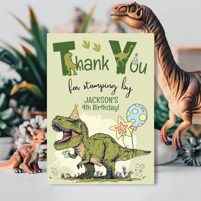 Tarjeta De Agradecimiento Cute TRex Dinosaur Four-Rex Boy 4th Birthday Party (Funny custom name Four-Rex Dinosaur Jurassic green Dino 4th birthday party thank you for stomping by)