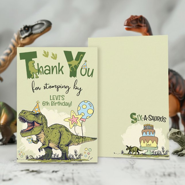 Tarjeta De Agradecimiento Cute TRex Dinosaur Six-A-Saurus 6th Birthday Party (Cute 6-Rex T-Rex Dinosaur Six-A-Saurus sixth Jurassic Dino 6th boy birthday party thank you stomping)