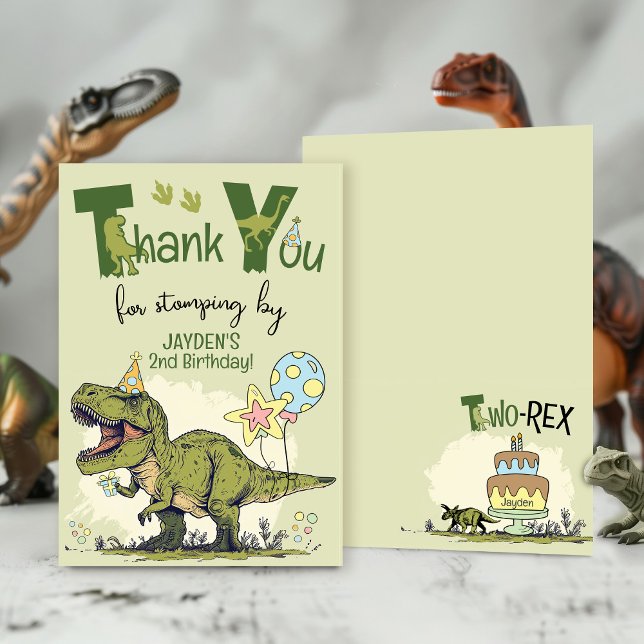 Tarjeta De Agradecimiento Cute TRex Dinosaur Two-Rex Boy 2nd Birthday Party (Cute Two-Rex T-Rex Dinosaur second Jurassic Dino 2nd boy birthday party thank you stomping by invite)