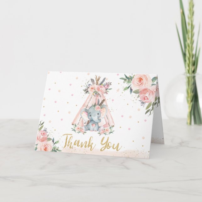 Tarjeta De Agradecimiento Cute tribal Elephant Birthday Baby Shower doblado (Anverso)