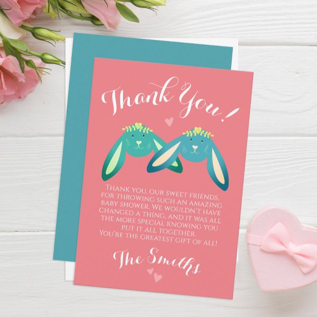 Tarjeta De Agradecimiento Cute Twin Bunnies Baby Shower Fiesta Pastel Rosa (Subido por el creador)