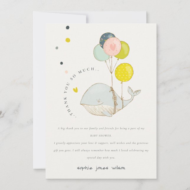 Tarjeta De Agradecimiento Cute Underwater Balloon Heart Whale Baby Shower (Anverso)
