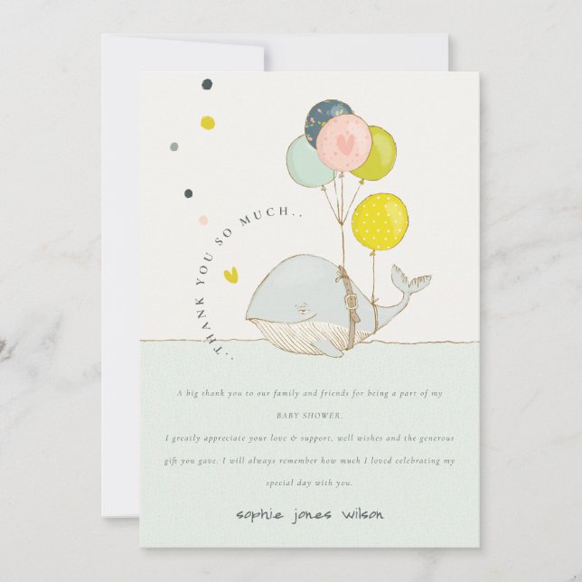 Tarjeta De Agradecimiento Cute Underwater Balloon Heart Whale Baby Shower (Anverso)