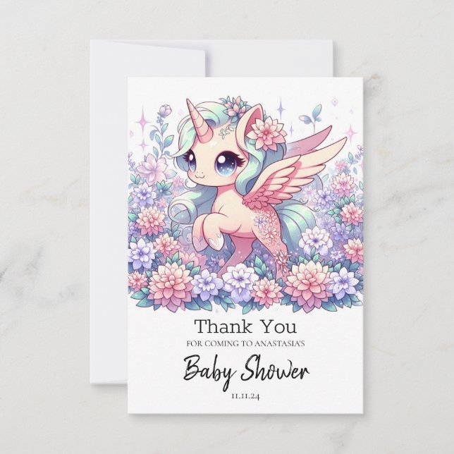Tarjeta De Agradecimiento Cute Unicorn Baby Shower (Anverso)