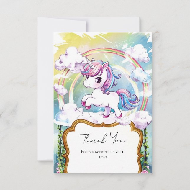 Tarjeta De Agradecimiento Cute Unicorn Baby Shower (Anverso)