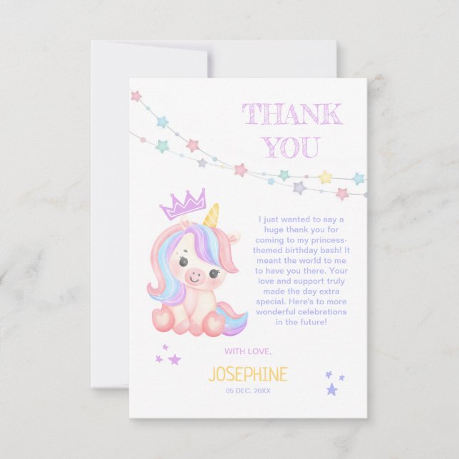 Tarjeta De Agradecimiento Cute Unicorn Banner Mágico Cumpleaños Niños  (Anverso)