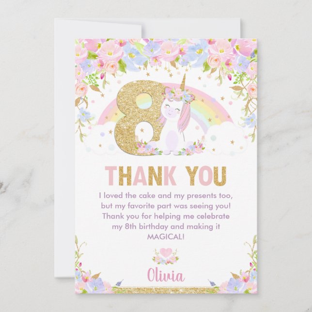 Tarjeta De Agradecimiento Cute Unicornio 8 cumpleaños floral arcoiris gracia (Anverso)