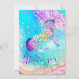 Tarjeta De Agradecimiento Cute unicornio rosa aqua iridescente purpurina gir