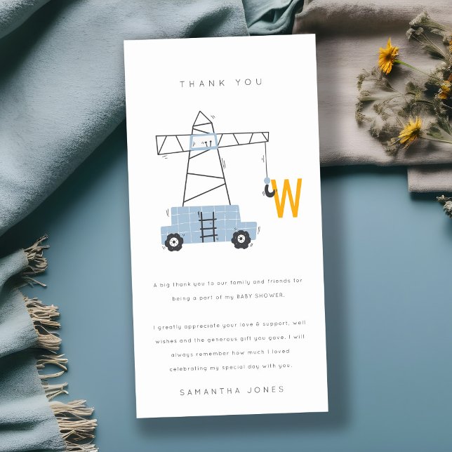 Tarjeta De Agradecimiento Cute Urban Construction Crane Boy's Baby Shower (Subido por el creador)