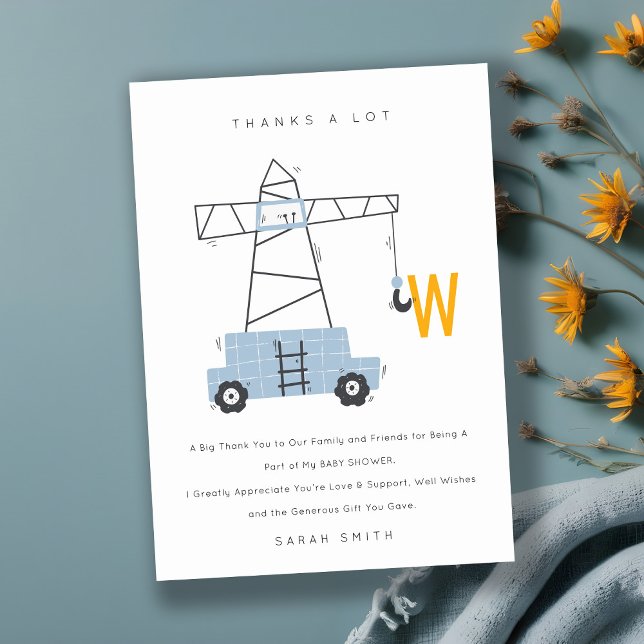 Tarjeta De Agradecimiento Cute Urban Construction Crane Boy's Baby Shower (Subido por el creador)