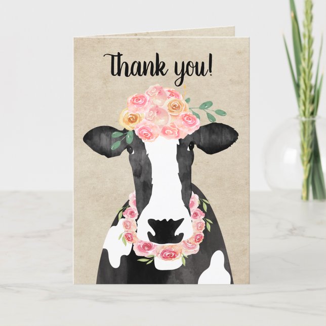 Tarjeta De Agradecimiento Cute vaca con floral Corona Rustic (Black and White Cow Thank you note with a flower crown and necklace)