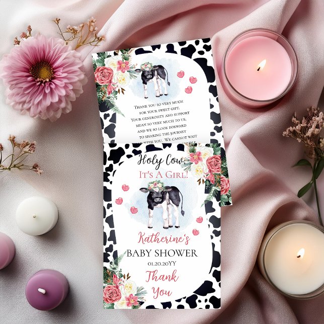 Tarjeta De Agradecimiento Cute, vaca sagrada, es un Baby Shower Chica Gracia (Cute "Holy Cow, It's A Girl!" Baby Shower Thank You Two-Sided Flat Card)