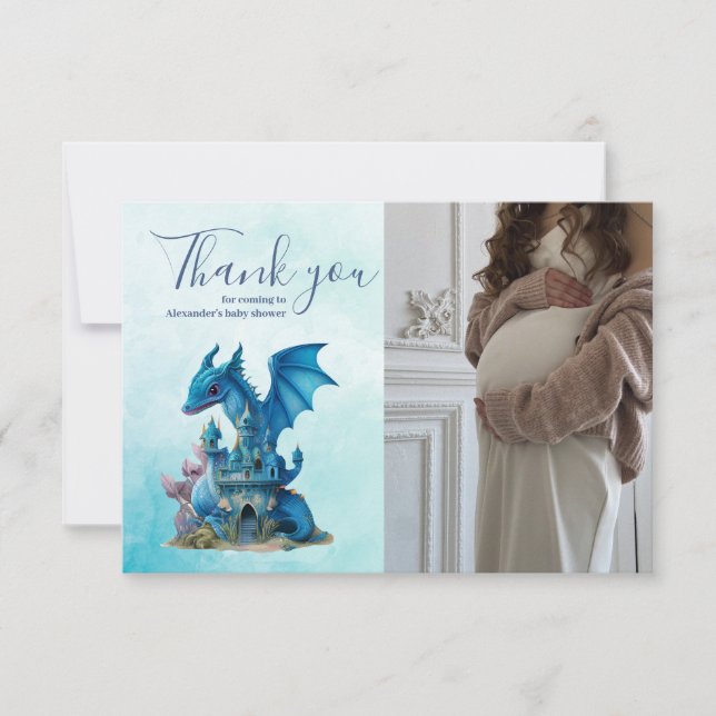Tarjeta De Agradecimiento Cute Watercolor Blue Dragon Baby Shower (Anverso)