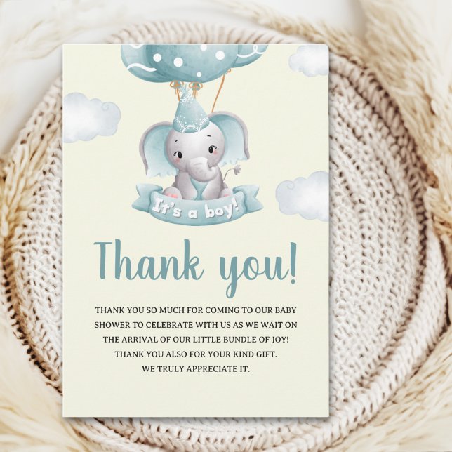 Tarjeta De Agradecimiento Cute Watercolor Elephant Baby shower Boy (Subido por el creador)