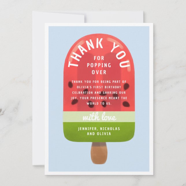 Tarjeta De Agradecimiento Cute Watermelon Popsicle Primer Cumpleaños (Anverso)