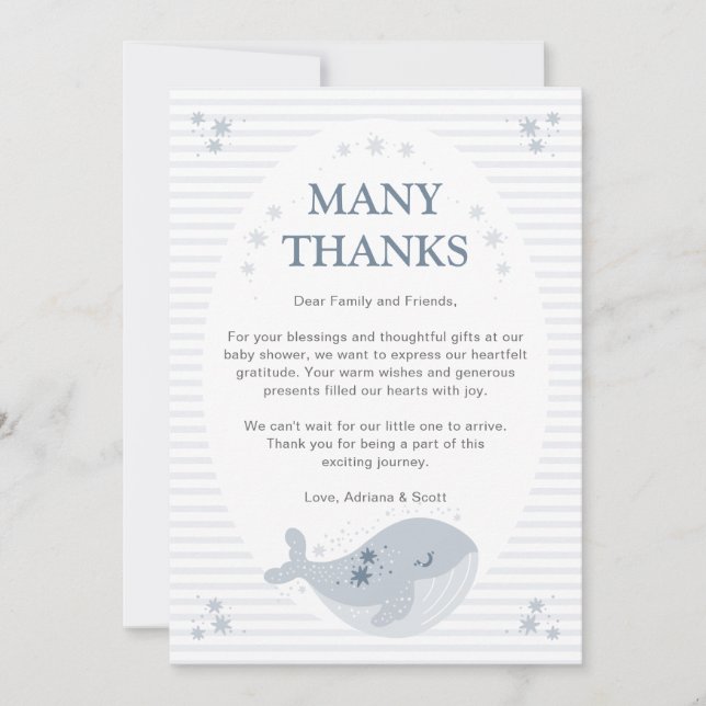 Tarjeta De Agradecimiento Cute Whale Blue Boy Baby Shower (Anverso)