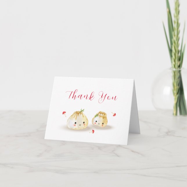 Tarjeta De Agradecimiento Cute Whimsical Dumpling Mushroom Twin Baby Shower (Anverso)