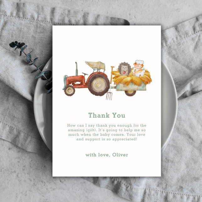 Tarjeta De Agradecimiento Cute Whimsical Hedgehog Farm Tractor Baby Shower (Cute Whimsical Hedgehog Farm Tractor Baby Shower Thank You Card)