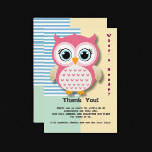 Tarjeta De Agradecimiento Cute Whimsical Pink Owl Baby Shower