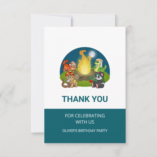 Tarjeta De Agradecimiento Cute Wild Animals Jungle Camping Birthday Party  (Anverso)