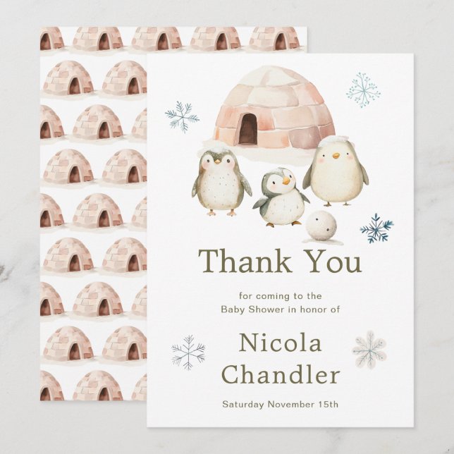 Tarjeta De Agradecimiento Cute Winter Penguins Baby Shower (Anverso / Reverso)