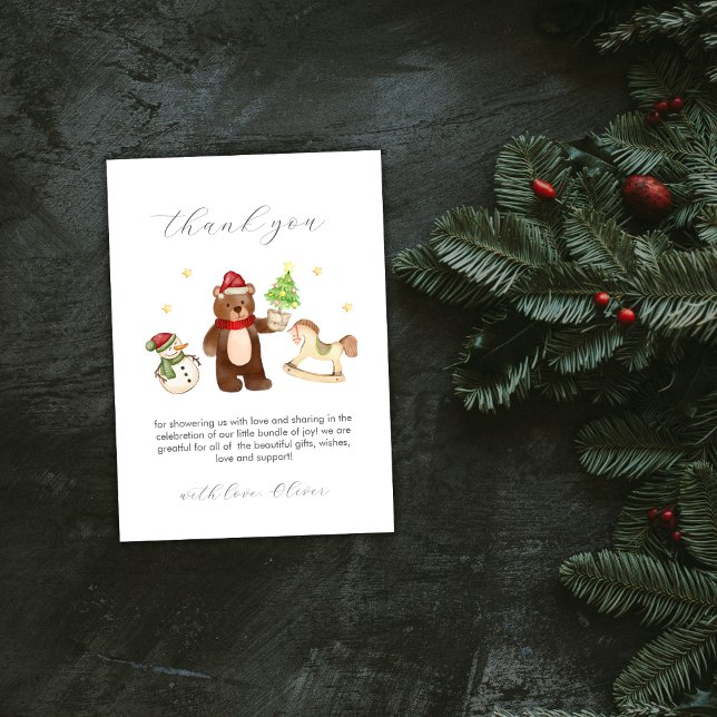 Tarjeta De Agradecimiento Cute Winter Teddy Bear Snowman Toys Baby Shower (Cute Winter Teddy Bear Snowman Toys Baby Shower Thank You Card)
