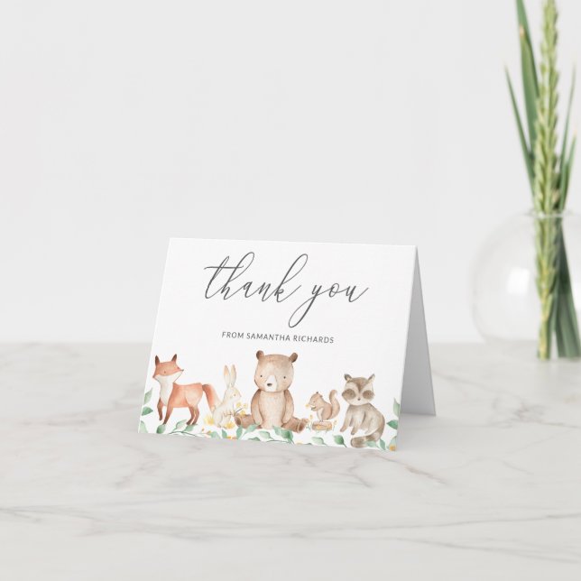 Tarjeta De Agradecimiento Cute Woodland Animales Género Baby Shower Neutral (Anverso)