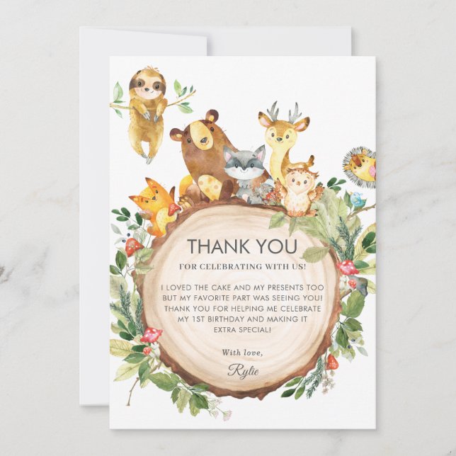 Tarjeta De Agradecimiento Cute Woodland Animals Greenery Primer Fiesta de cu (Anverso)