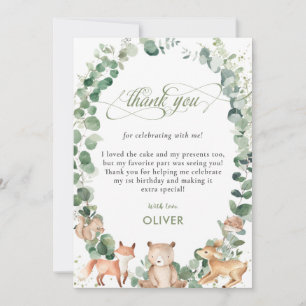 Tarjeta De Agradecimiento Cute Woodland Animals Greenery Primer Fiesta de cu