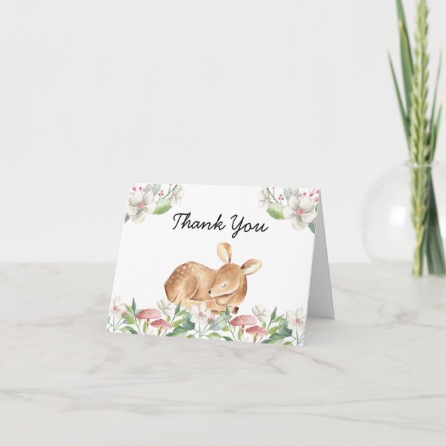 Tarjeta De Agradecimiento Cute Woodland Deer Floral Greeneration Baby Shower (Anverso)