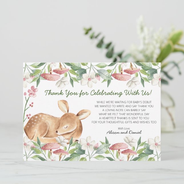 Tarjeta De Agradecimiento Cute Woodland Deer Floral Greeneration Baby Shower (Anverso de pie)