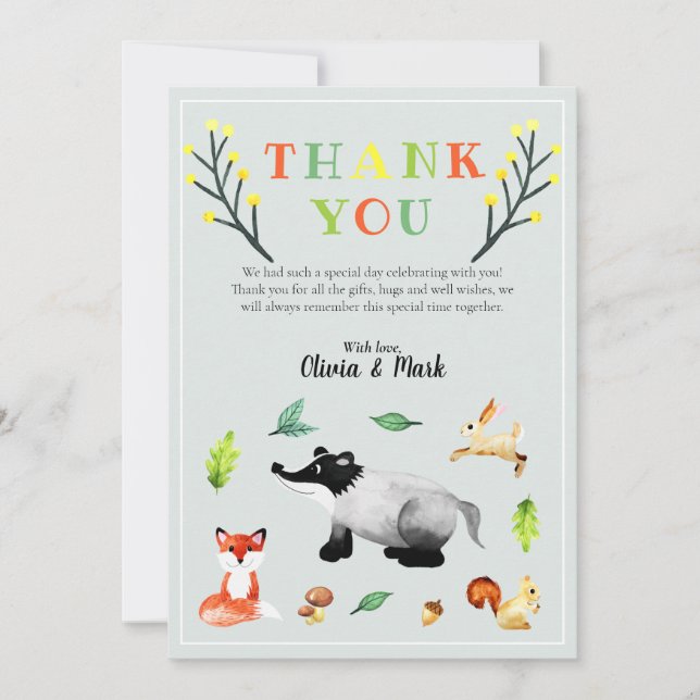 Tarjeta De Agradecimiento Cute Woodland Forest Animals Baby Shower (Anverso)