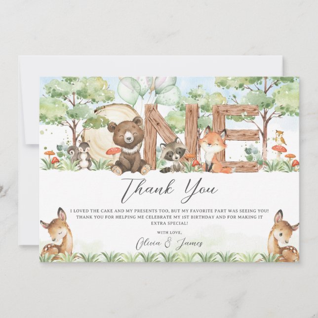 Tarjeta De Agradecimiento Cute Woodland Forest Animals Wood UN primer cumple (Anverso)