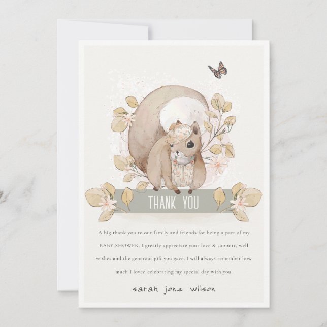 Tarjeta De Agradecimiento Cute Woodland Forest Floral Squirrel Baby Shower (Anverso)