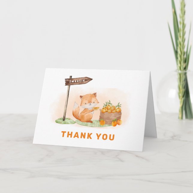 Tarjeta De Agradecimiento Cute Woodland Fox Citrus Naranja Farm Baby Shower (Anverso)