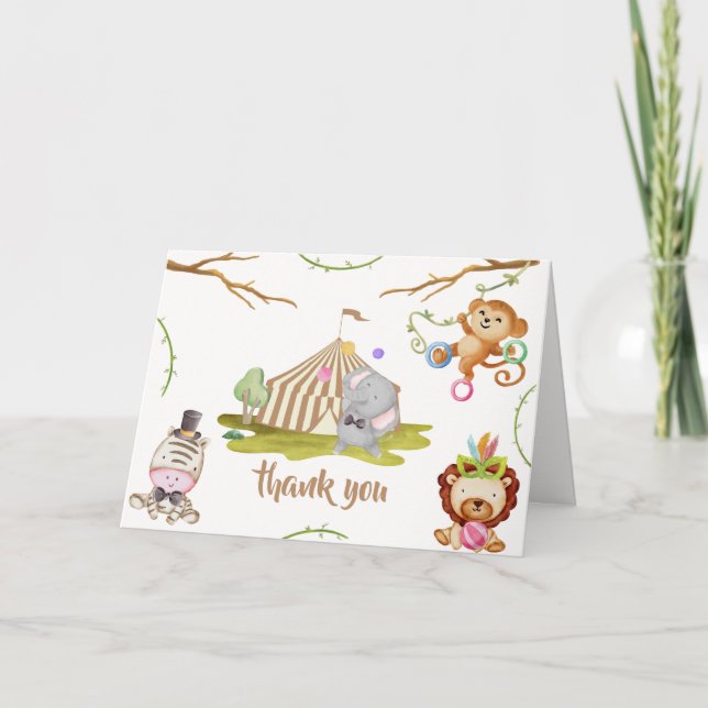 Tarjeta De Agradecimiento Cute Woodland Safari Animal Circus Baby Shower (Anverso)