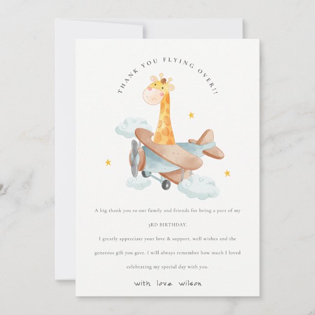 Tarjeta De Agradecimiento Cute Yellow Plane Giraffe Stars Cloud Cumpleaños (Anverso)