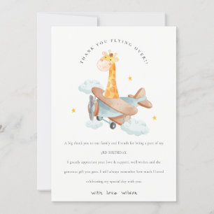 Tarjeta De Agradecimiento Cute Yellow Plane Giraffe Stars Cloud Cumpleaños