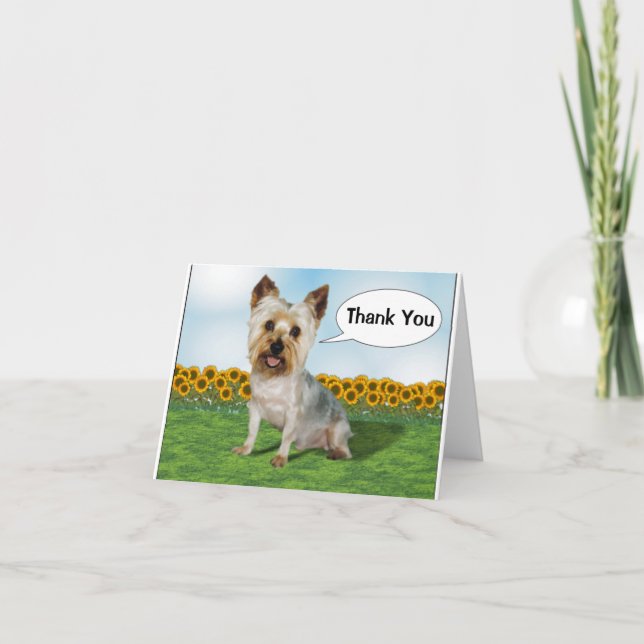 Tarjeta De Agradecimiento Cute Yorkie con girasoles (Anverso)