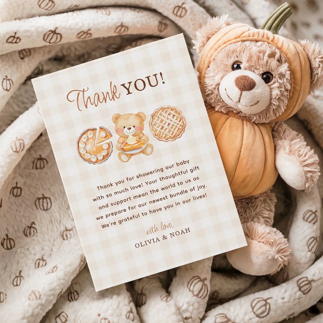 Tarjeta De Agradecimiento Cutie Pie Gingham Teddy Bear Fall Baby Shower (Subido por el creador)