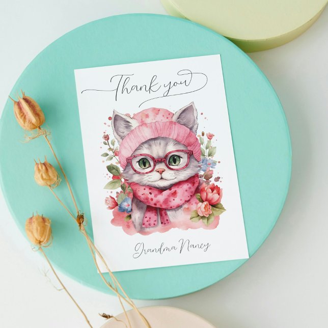 Tarjeta De Agradecimiento Cuto acuarela Cat Abuela Floral (Cute Watercolor Cat Grandma Floral Thank You Card)