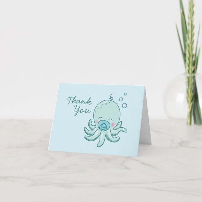 Tarjeta De Agradecimiento Cuto pulpo Baby Shower Kawaii Blue Boy (Anverso)