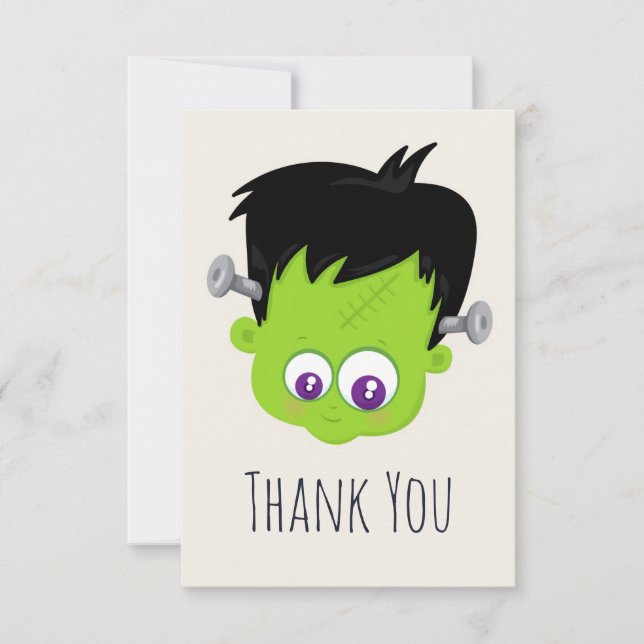 Tarjeta De Agradecimiento Cuto verde Frankenstein Monster cara Halloween (Anverso)