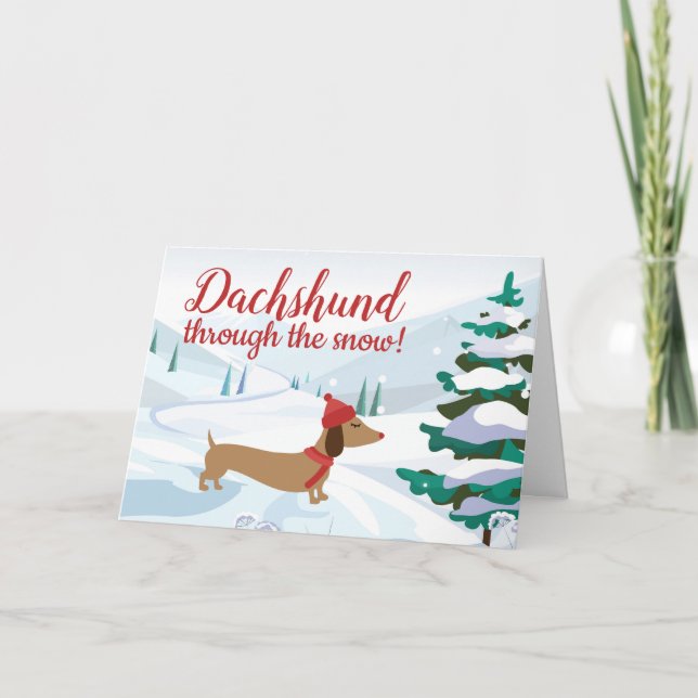 Tarjeta De Agradecimiento Dachshund a través de la nieve Navidades saludando (Anverso)