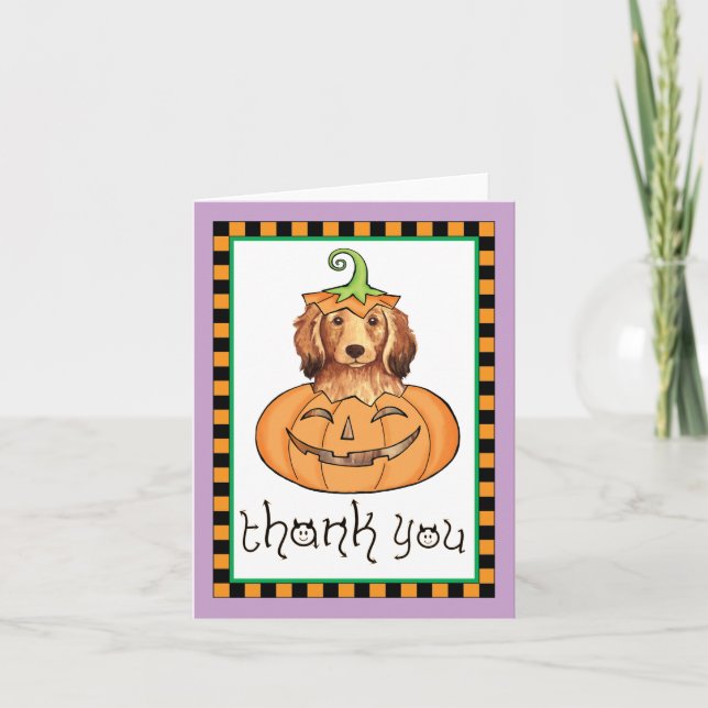 Tarjeta De Agradecimiento Dachshund de cabello largo de Halloween Gracias (Anverso)