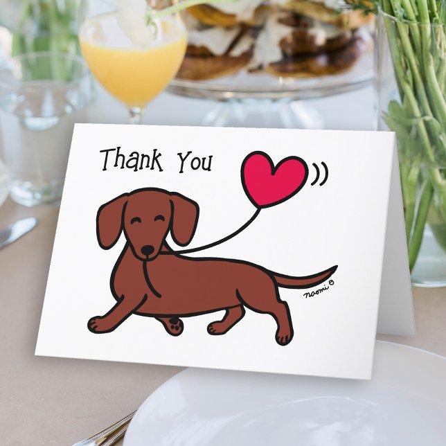 Tarjeta De Agradecimiento Dachshund sonriente (Red Smooth Haired Dachshund Heart Balloon Thank You Card for Doxie owners.  Sausage dog cartoon.)