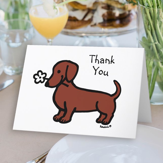Tarjeta De Agradecimiento Dachshund Tiny Flower (Red Smooth Haired Dachshund Tiny Flower Thank You Card for Doxie owners.  Cute sausage dog cartoon.)