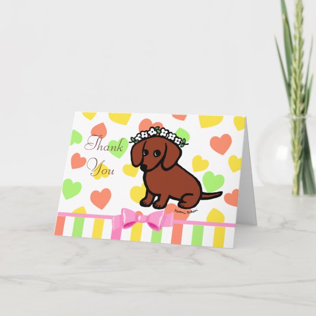 Tarjeta De Agradecimiento Dachshund y flores lisas rojas (Anverso)