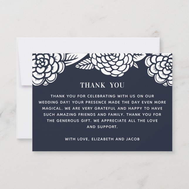 Tarjeta De Agradecimiento Dahlias blancas. Boda floral azul marino moderno (Anverso)