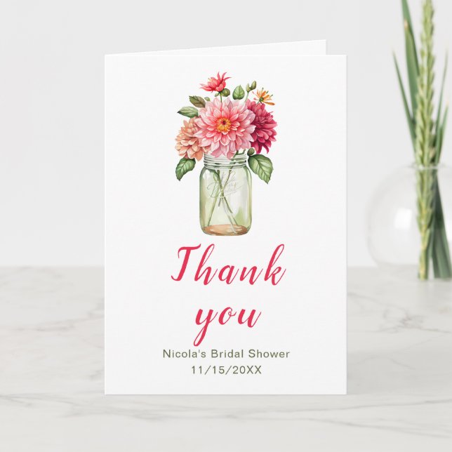 Tarjeta De Agradecimiento Dahlias rosadas Mason Jar Bridal Shower (Anverso)